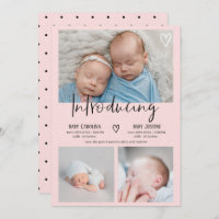 Modern introducing script 3 photo baby twins birth announcement