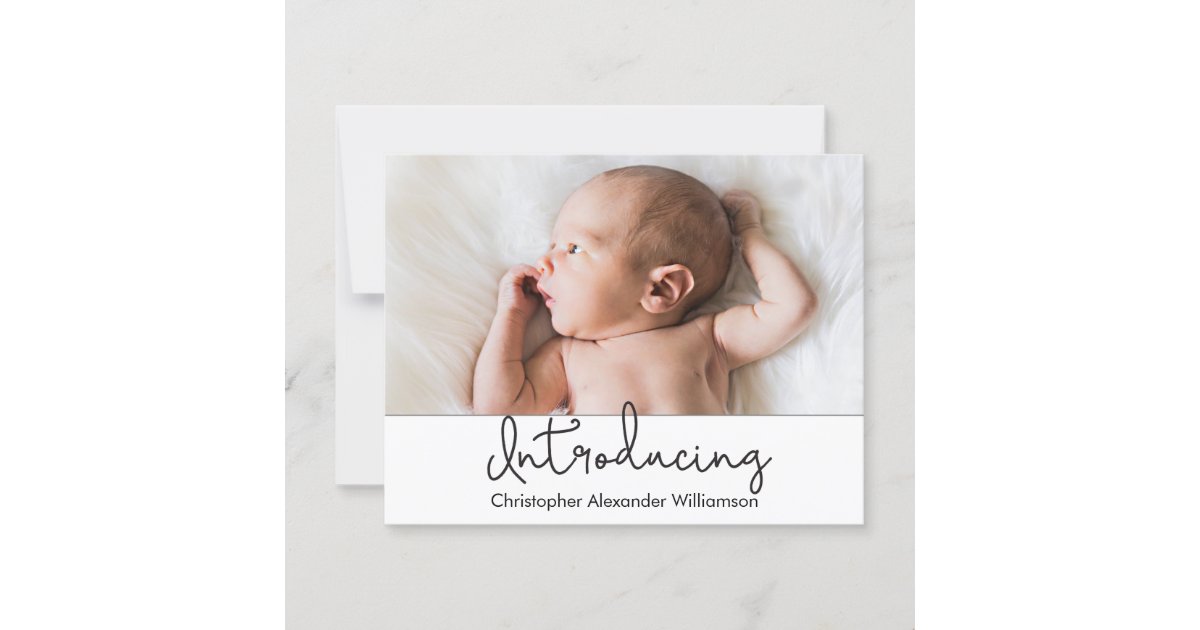 Modern Introducing Script Baby Boy Photo Invitation | Zazzle