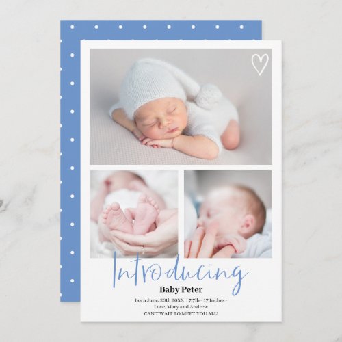 Modern introducing script blue 3 photos baby birth announcement