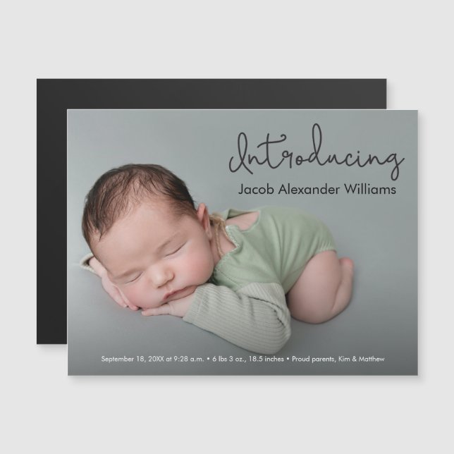 Modern Introducing Script Custom Baby boy Photo Magnetic Invitation (Front/Back)