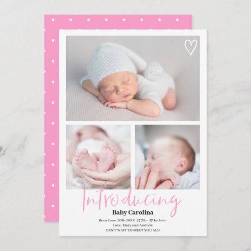 Modern introducing script pink 3 photos baby birth announcement