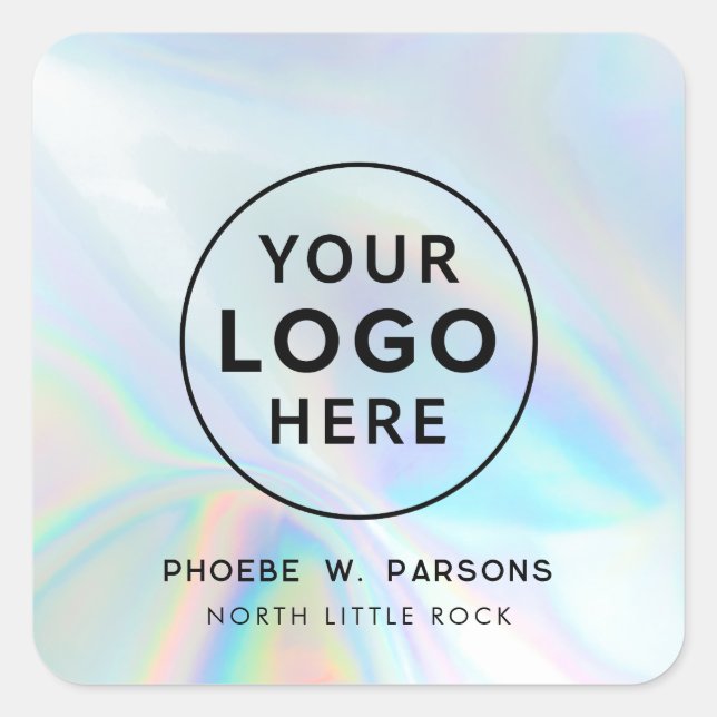 Modern Iridescent Business Logo Holographic Custom Square Sticker (Front)
