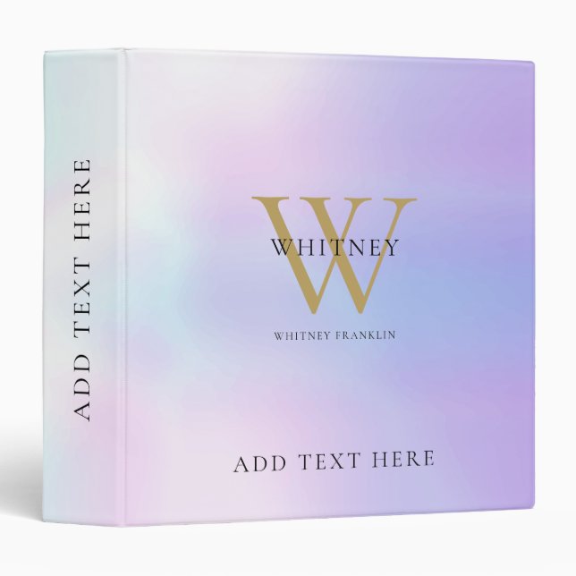 Modern Iridescent Elegant Gold Monogram Name 3 Ring Binder (Front/Spine)