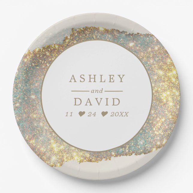 Modern Iridescent Glitter Wedding Paper Plates (Front)