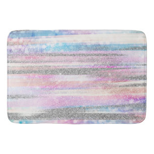 Modern Iridescent & Silver Glitter Strokes Stripes Bath Mat