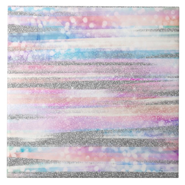 Modern Iridescent & Silver Glitter Strokes Stripes Ceramic Tile (Front)