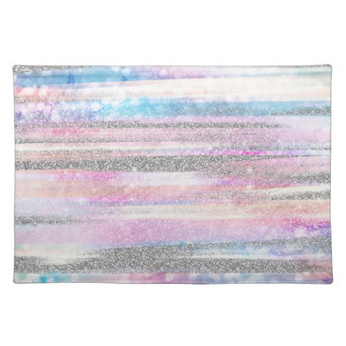 Modern Iridescent  Silver Glitter Strokes Stripes Cloth Placemat