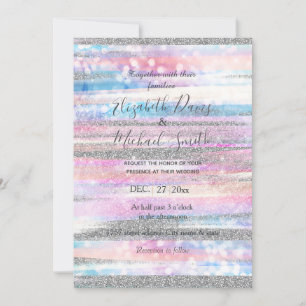 Modern Iridescent & Silver Glitter Strokes Stripes Invitation