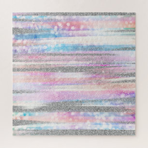 Modern Iridescent & Silver Glitter Strokes Stripes Jigsaw Puzzle