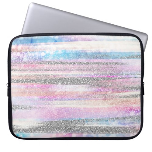 Modern Iridescent  Silver Glitter Strokes Stripes Laptop Sleeve