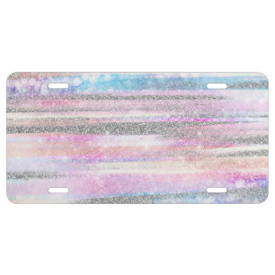 Modern Iridescent & Silver Glitter Strokes Stripes License Plate