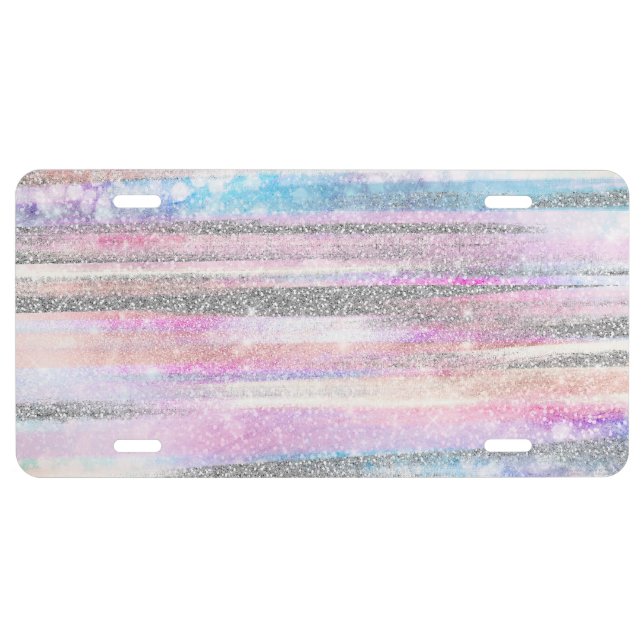 Modern Iridescent & Silver Glitter Strokes Stripes License Plate (Front)