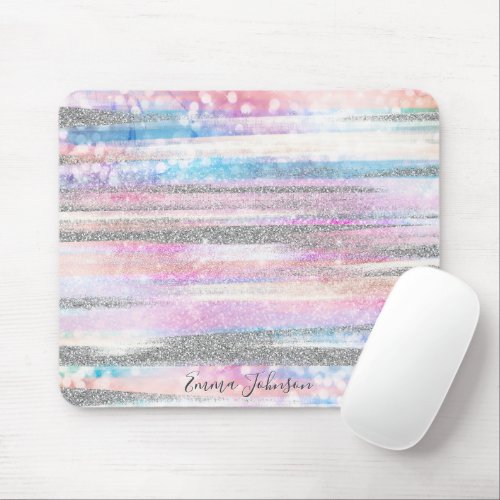 Modern Iridescent  Silver Glitter Strokes Stripes Mouse Pad