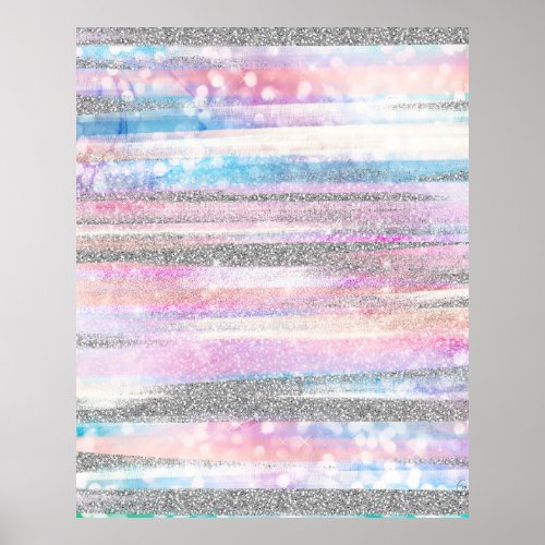 Modern Iridescent  Silver Glitter Strokes Stripes Poster