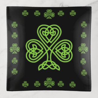 Modern Irish Celtic Shamrock Pattern Green Trinket Tray