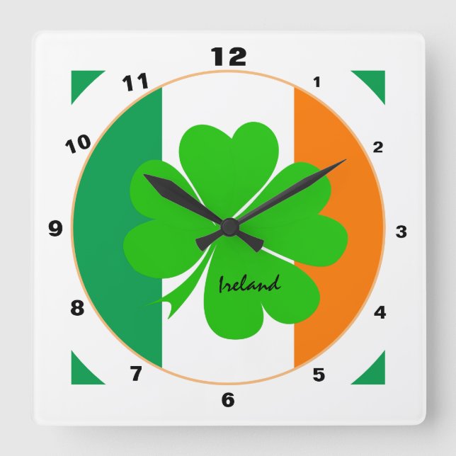 Modern Irish Flag, Ireland trendy Home / Shamrock Square Wall Clock (Front)