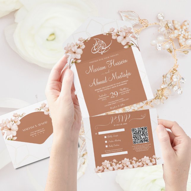 Modern Islamic Boho Terracotta Floral Nikah Walima All In One Invitation (Creator Uploaded)