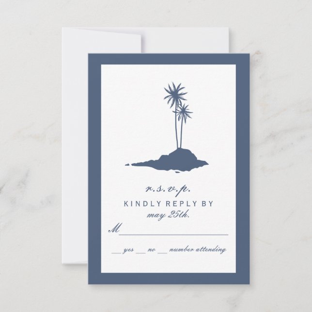 Modern Island Beach Wedding RSVP - Dark Blue (Front)