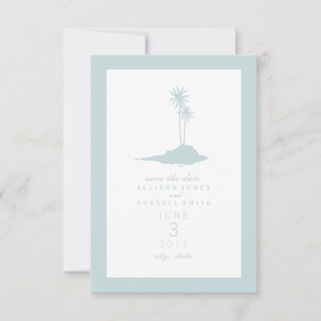 Modern Island Beach Wedding Save The Date - Blue (Front)