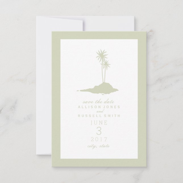 Modern Island Beach Wedding Save The Date - Green (Front)