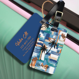 Modern Island Tropical Check Blue White Luggage Tag