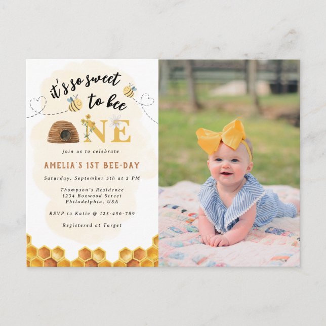 Modern It’s so sweet to bee first birthday Photo Invitation Postcard (Front)