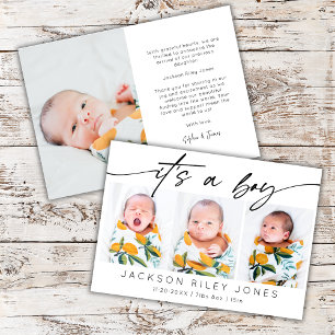 Modern It's a Boy Baby Newborn 3 Photo Collage Announcement