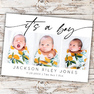 Modern It's a Boy Baby Newborn 3 Photo Collage   Card