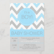 Modern 'It's a Boy' Blue/Grey Chevron Baby Shower Invitation