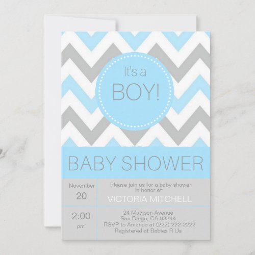 Modern Its a Boy BlueGrey Chevron Baby Shower Invitation