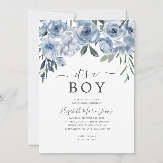 Modern It's a Boy Dusty Blue Floral Baby Shower Invitation (Front)