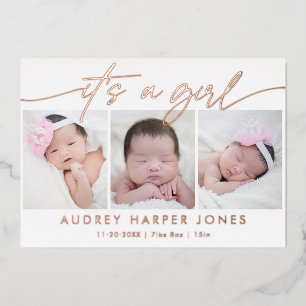 Modern It's a Girl Baby Newborn 3 Photo Collage Foil Holiday Card