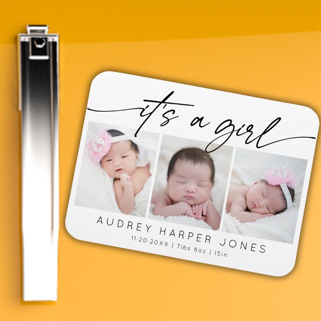 Modern It's a Girl Baby Newborn 3 Photo Collage   Magnet (Creator Uploaded)