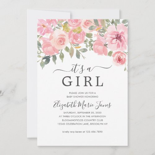 Modern Its a Girl Blush Pink Floral Baby Shower Invitation