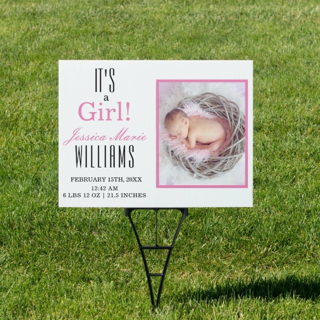 Modern It's a Girl! Pink Baby Announcement Yard Sign (Insitu)