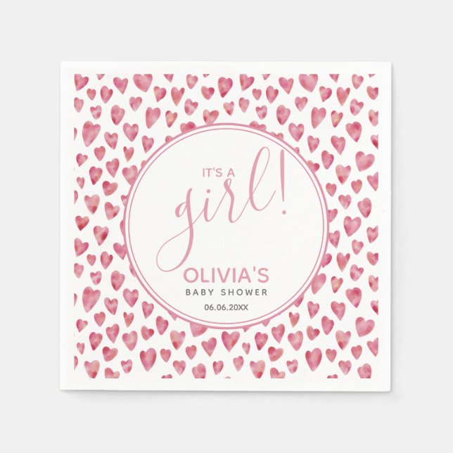 Modern It's a Girl Pink Heart Baby Shower Napkins (Front)