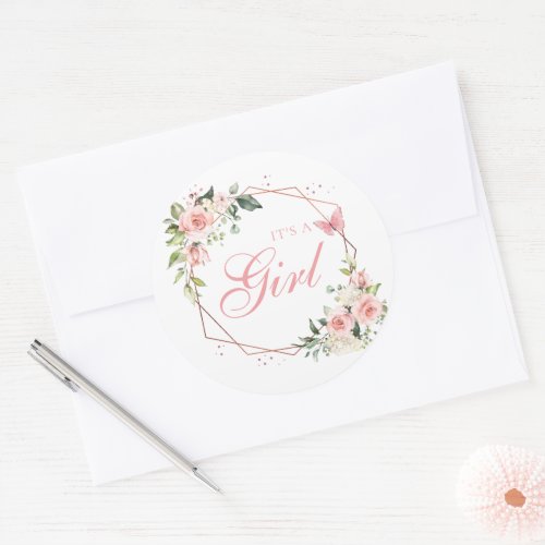 Modern Its A Girl Watercolor Floral Baby Shower Classic Round Sticker