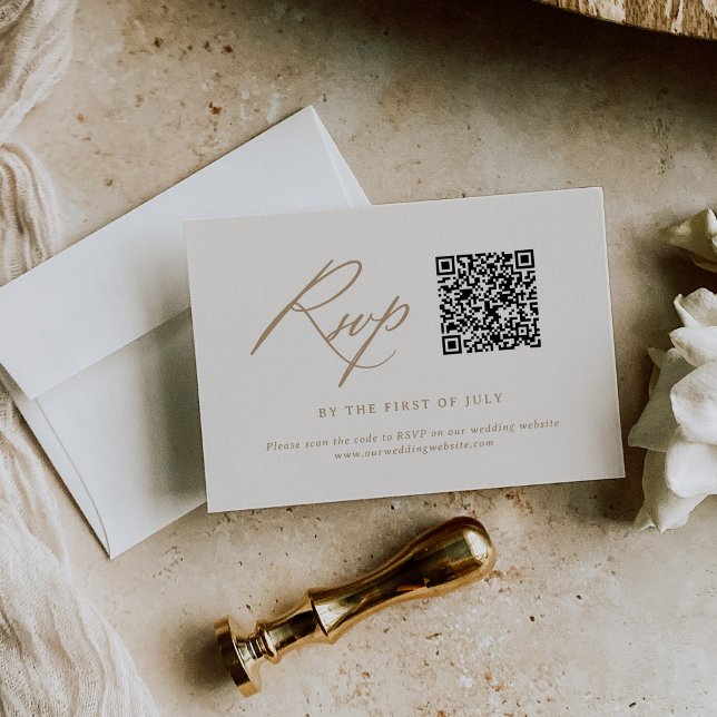 Modern Ivory and Gold Calligraphy Wedding QR code RSVP Card (Creator Uploaded)