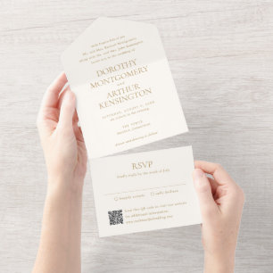 Modern Ivory and Gold QR Code Elegant Wedding All In One Invitation