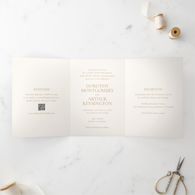 Modern Ivory and Gold QR Code Elegant Wedding Tri-Fold Invitation (Inside)