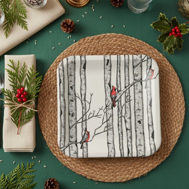 Modern Ivory Birch Trees and Red Cardinal Birds Paper Plates (Modern Red Cardinal & Birch Tree Winter Paper Plates. Simple Elegant Birch Trees for Christmas Party)