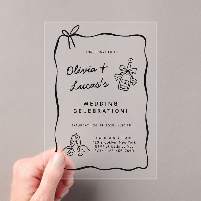 Modern Ivory & Black Hand-Drawn Wedding  Acrylic Invitations (Insitu (Handheld))