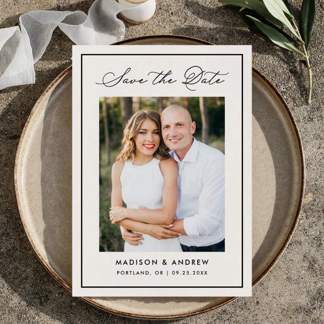 Modern Ivory Border Script Photo Wedding Save The Date (Creator Uploaded)