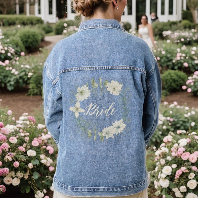 Modern Ivory Floral Script Personalized Bride Denim Jacket (Floral Bride Denim Jean Jacket)