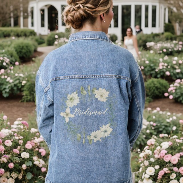 Modern Ivory Floral Script Personalized Bridesmaid Denim Jacket (Personalized Bridesmaid Denim Jean Jacket, Bachelorette Party Favors, Wedding Day Bridal Party Gifts)