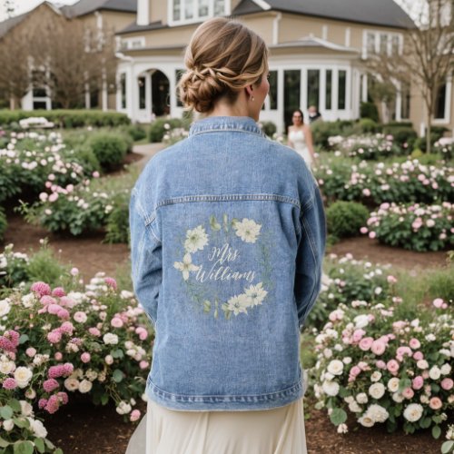 Modern Ivory Floral Script Personalized Mrs Bride Denim Jacket