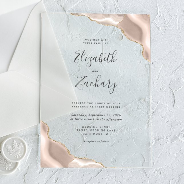 Modern Ivory Gold Agate Corners Wedding Acrylic Invitations (Creator Uploaded)