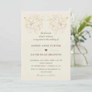 Modern Ivory Gold Line Art Flowers Wedding Invitation
