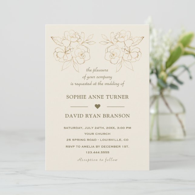 Modern Ivory Gold Line Art Flowers Wedding Invitation (Standing Front)
