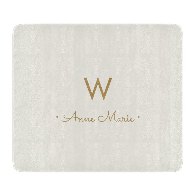 Modern Ivory Gold Script Monogram Cutting Board (Front)